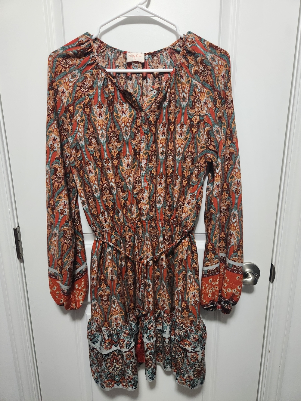 Paisley Tie-Waist Long Sleeve Dress in Rust Multi -